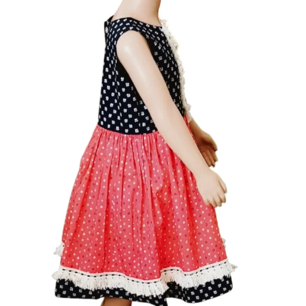 Haute Baby Peasant Floral Dress 7 Blue Orange Short Sleeves Ruffle & Fringe Hem